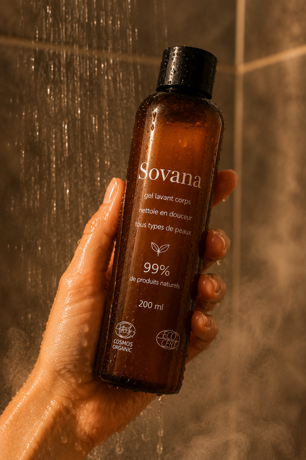 Flacon Sovana gel lavant corps tenu dans une main sous l'eau